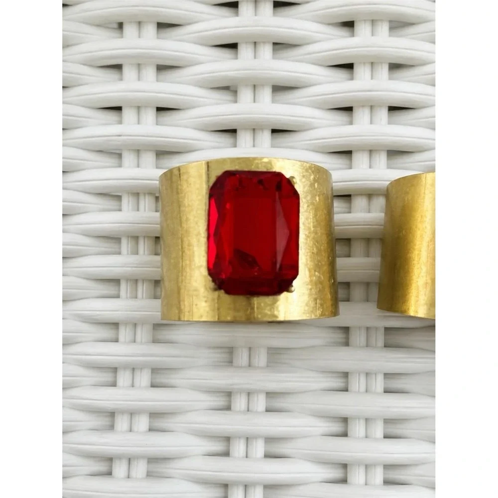 Joanna Buchanan Ruby Red Gem Napkin Rings Set of 4 Gold Brass with Boxes